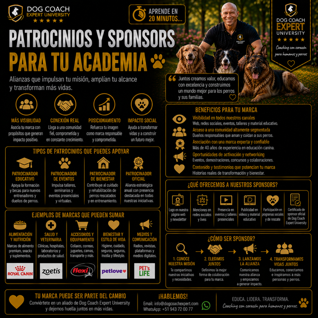 El principio del Método Dog Coach 360® es claro: un patrocinio exitoso no se basa únicamente en números, sino en confianza, autoridad y capacidad de aportar valor real. Cuando un coach construye una comunidad comprometida, puede convertirse en un socio estratégico para empresas que desean mejorar la vida de los perros y sus familias.