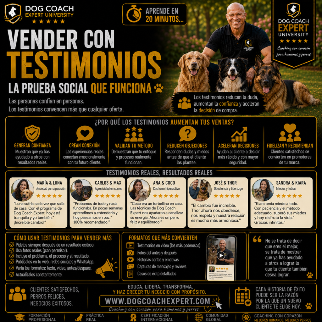 Contratar a un coach canino es una decisión cargada de incertidumbre. El tutor invierte dinero, tiempo y emoción en resolver algo que ya le duele, y no tiene forma de saber, antes de empezar, si funcionará. En esa duda, tu palabra tiene un límite: eres, precisamente, quien cobra por el servicio. Por bueno que sea tu discurso, el prospecto sabe que estás ahí para venderle.