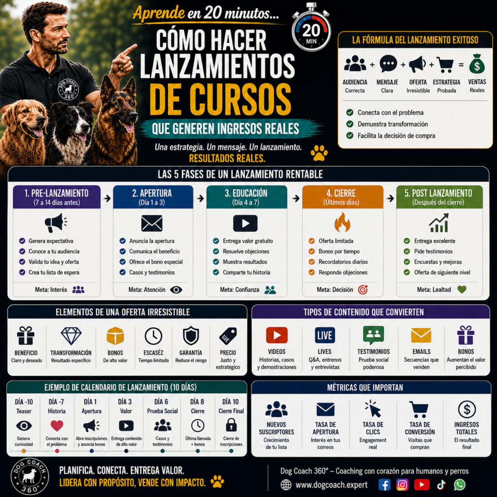 La filosofía Dog Coach 360® establece un principio fundamental: vender con confianza, pero siempre con honestidad. La urgencia debe ser real, nunca fabricada; las promesas deben cumplirse; y la oferta debe representar un valor auténtico para quienes participan. Un lanzamiento no es una técnica para presionar personas, sino una forma profesional de conectar una solución valiosa con quienes realmente necesitan esa transformación.
