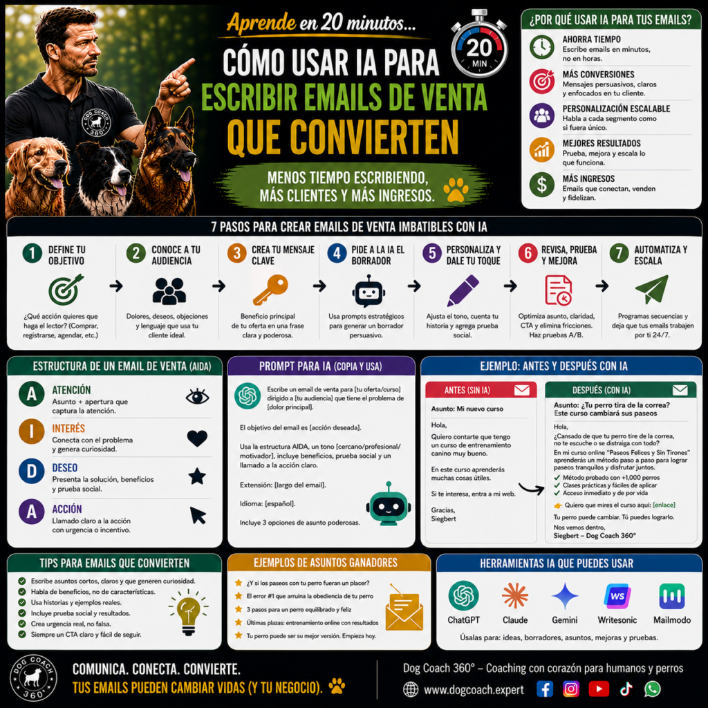 La filosofía Dog Coach 360® establece que el email marketing debe fundamentarse en la honestidad, la utilidad y el respeto por el lector. La inteligencia artificial acelera la redacción y mejora la productividad, pero la responsabilidad del mensaje sigue siendo del coach. Cada correo debe ofrecer valor real, comunicar con transparencia y mantener siempre como prioridad el bienestar del perro y la confianza de las familias que depositan su aprendizaje en el profesional.