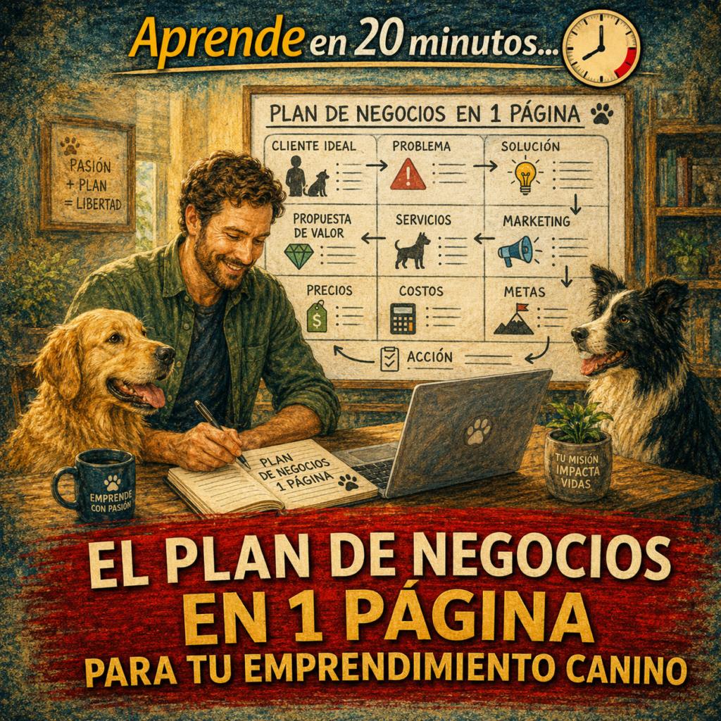 El plan de negocios de cuarenta páginas existe para conseguir financiamiento de un banco que pide documentación formal. El emprendedor canino que empieza con sus propios recursos no necesita cuarenta páginas de proyecciones que se volverán obsoletas en el primer mes de operación real. Necesita una herramienta que le permita ver todo su negocio en un solo vistazo, identificar los supuestos que todavía no han sido validados y tomar decisiones de forma rápida cuando el mercado le enseña algo nuevo. Una página es suficiente. Si el negocio no cabe en una página, no es que falte espacio — es que todavía falta claridad.