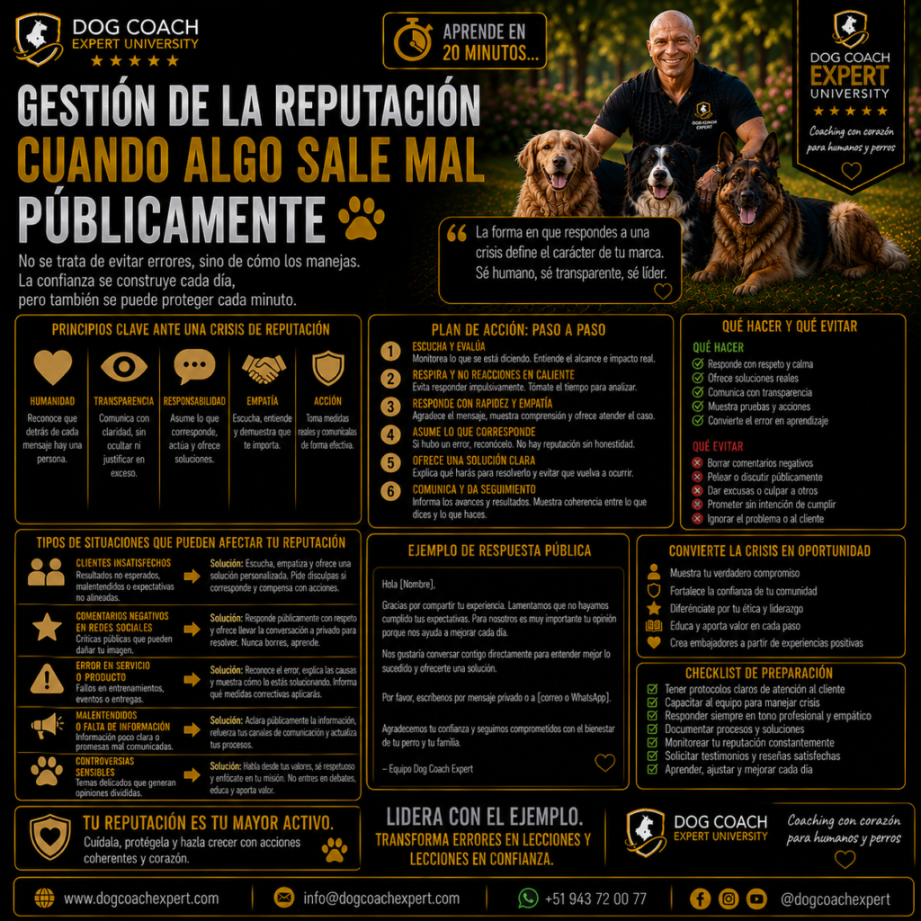El Método Dog Coach 360® establece que una reputación sólida no se construye evitando todos los problemas, sino demostrando integridad, responsabilidad y capacidad de resolverlos. La confianza verdadera nace cuando el profesional mantiene sus valores incluso en los momentos más difíciles.