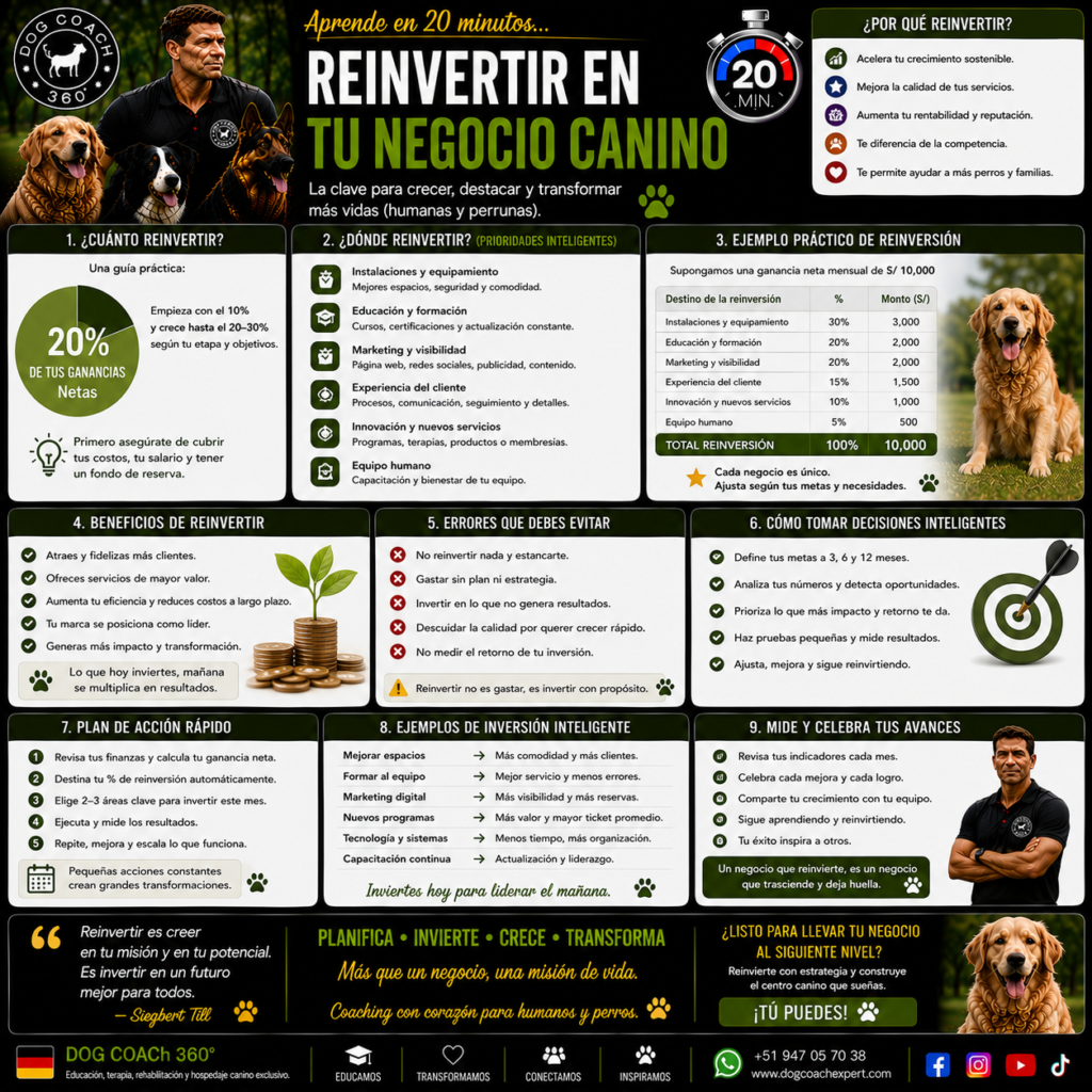 La filosofía Dog Coach 360® establece que crecer no significa gastar más, sino invertir con inteligencia. Cada inversión debe estar al servicio de un objetivo claro: mejorar la calidad del servicio, aumentar la capacidad del negocio o permitir que el coach dedique más tiempo a aquello que requiere su experiencia profesional.