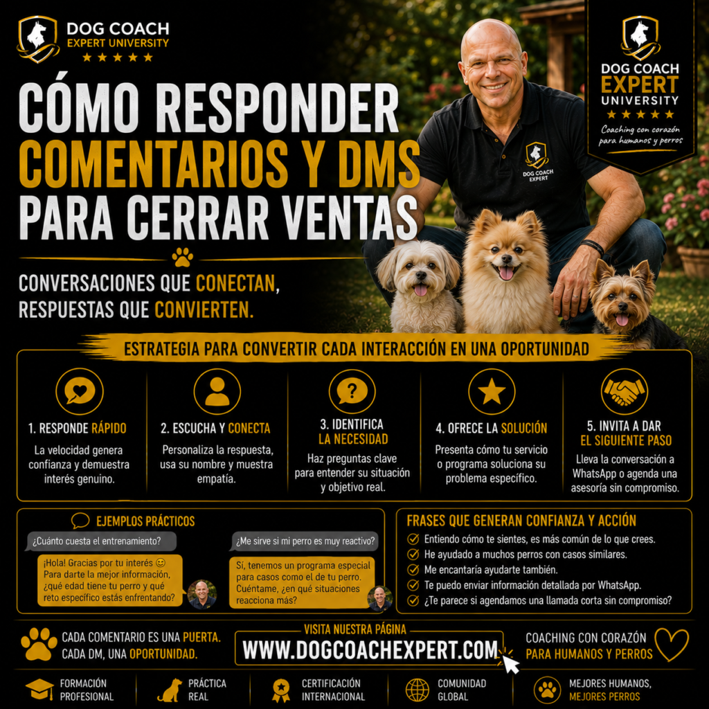 La filosofía Dog Coach 360® establece que toda conversación debe centrarse en ayudar antes que vender. Este módulo enseña a comunicar con empatía, honestidad y verdadero interés por el bienestar del perro y de su familia, evitando la manipulación, las falsas urgencias o las promesas exageradas. Incluso cuando la mejor decisión sea no vender o derivar el caso a otro profesional, el compromiso sigue siendo ofrecer la solución más beneficiosa para el cliente. Cuando las conversaciones se gestionan correctamente, dejan de ser simples consultas y se convierten en una de las fuentes más importantes de crecimiento sostenible para el negocio canino.