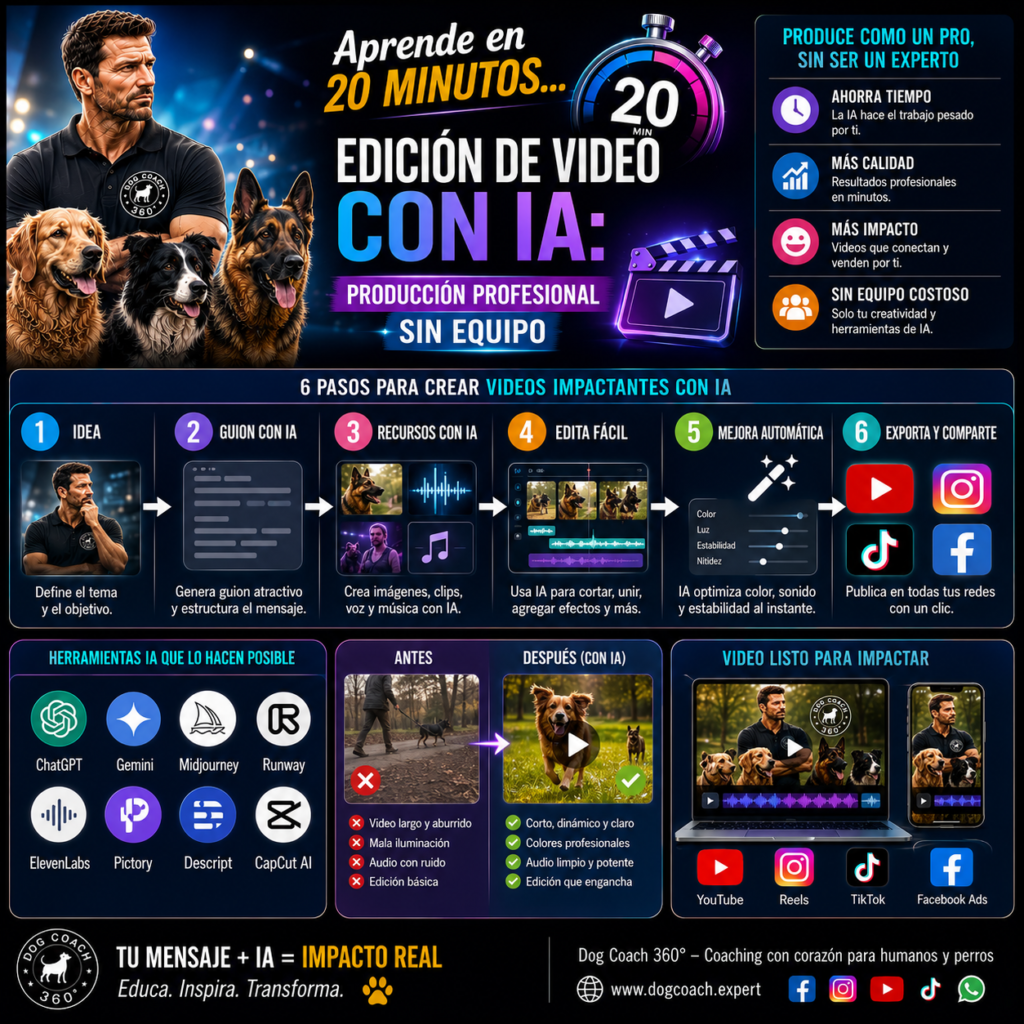 La filosofía Dog Coach 360® establece que la inteligencia artificial debe utilizarse para potenciar la comunicación y la productividad, nunca para sustituir el conocimiento, la autenticidad o el criterio profesional del coach. El objetivo es reducir el tiempo dedicado a la edición, mantener una identidad visual coherente y dedicar más energía a crear contenido educativo de alta calidad que beneficie a los perros, a sus familias y al crecimiento sostenible del negocio canino.