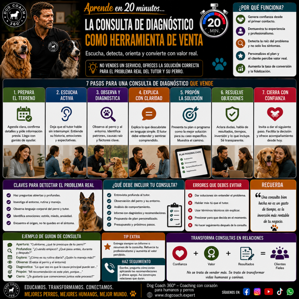 La consulta de diagnóstico también se utiliza como contenido pilar del sistema del M26. De ella pueden surgir un testimonio en vivo, el Reel de proceso del M24 y el caso documentado del M22. Por último, la consulta se integra con el sistema de KPIs del módulo anterior. Así se puede medir la eficiencia del proceso. También se identifican fallos y oportunidades de mejora en la conversión del negocio canino.