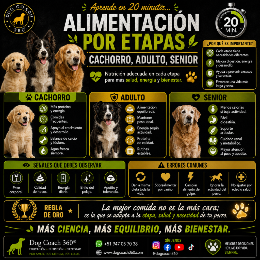 Cada etapa tiene un error clásico y una consecuencia distinta: en el cachorro se construye un esqueleto irreversible, en el adulto se construye el sobrepeso que pagará después, y en el senior se confunde la vejez con una enfermedad — y se le quita lo que más necesita.
