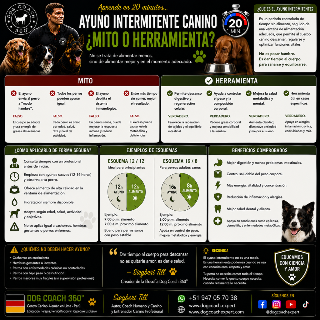 El ayuno intermitente canino es una moda humana importada, con evidencia casi inexistente en perros y riesgos muy reales en varios grupos. Lo que SÍ está demostrado es que comer menos alarga la vida — no comer más tarde. La palanca es la cantidad, no el reloj.