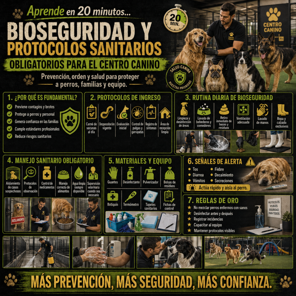 La bioseguridad del centro canino no es el conjunto de medidas que el responsable implementa después del primer brote. Es el sistema de protocolos que previene que el primer brote se convierta en el segundo, que el primer caso se convierta en doce. Cada protocolo de bioseguridad tiene un costo de implementación y un beneficio de prevención. El costo de no tenerlo se llama brote, clausura, reclamación o pérdida de reputación — y siempre es mayor.