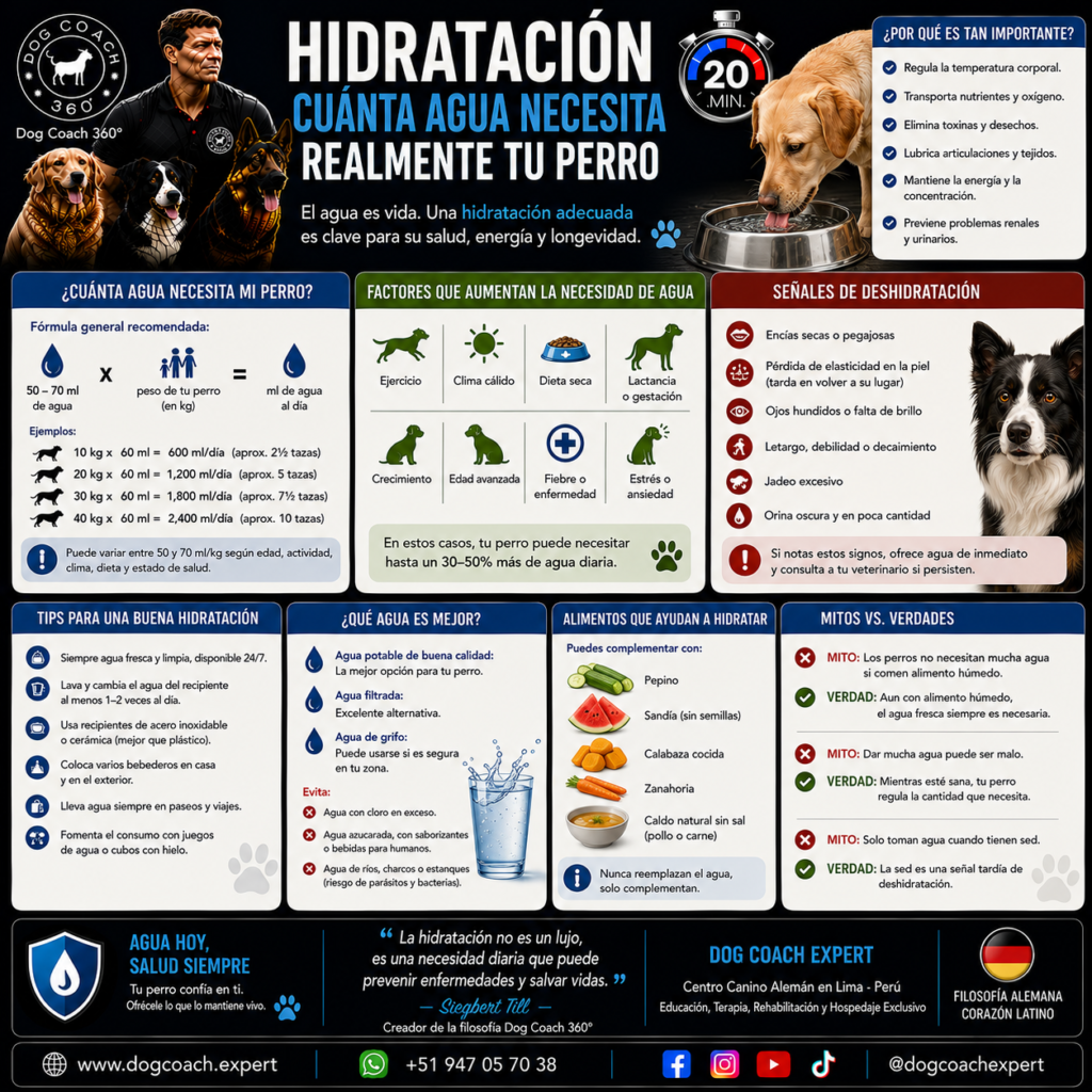 El agua es el nutriente más importante y el único que nadie mide. El perro que bebe demasiado suele estar enfermo mucho antes de que nadie lo sospeche; el que bebe poco se deshidrata en silencio; y ninguna cantidad de agua protege a un perro del calor.