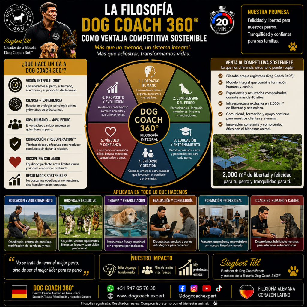 Porque la filosofía Dog Coach 360® es sostenible justamente por lo que la hace buena: ser genuina, integrada y vivida es lo que la vuelve, a la vez, lo correcto y lo más difícil de copiar y más duradero. La integridad y la competitividad coinciden: la filosofía vivida de verdad ES la ventaja.