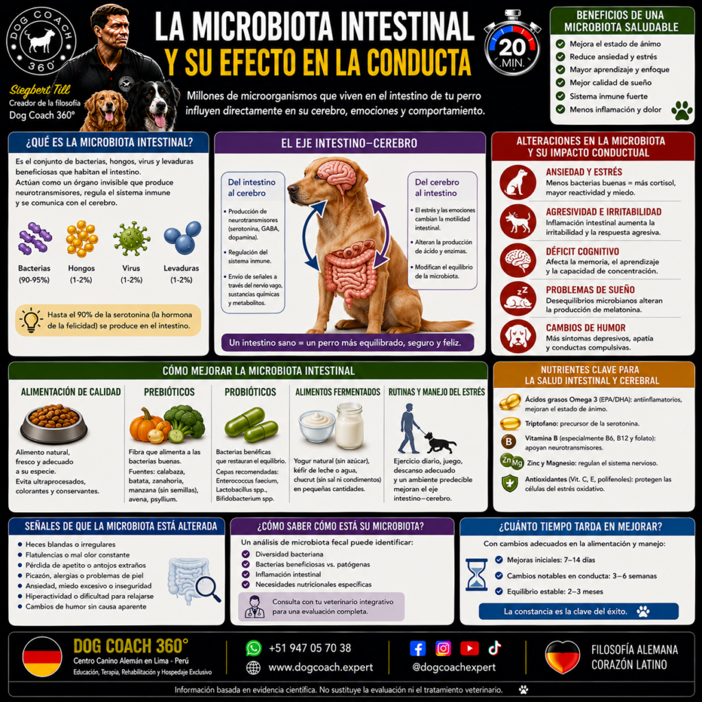 El eje intestino-cerebro existe y es bidireccional, pero en perros la evidencia es joven y casi todo lo que se vende sobre él es exageración. Ningún probiótico arregla una conducta. Lo que sí está demostrado es que el estrés crónico altera el intestino — y bajar ese estrés es trabajo tuyo.