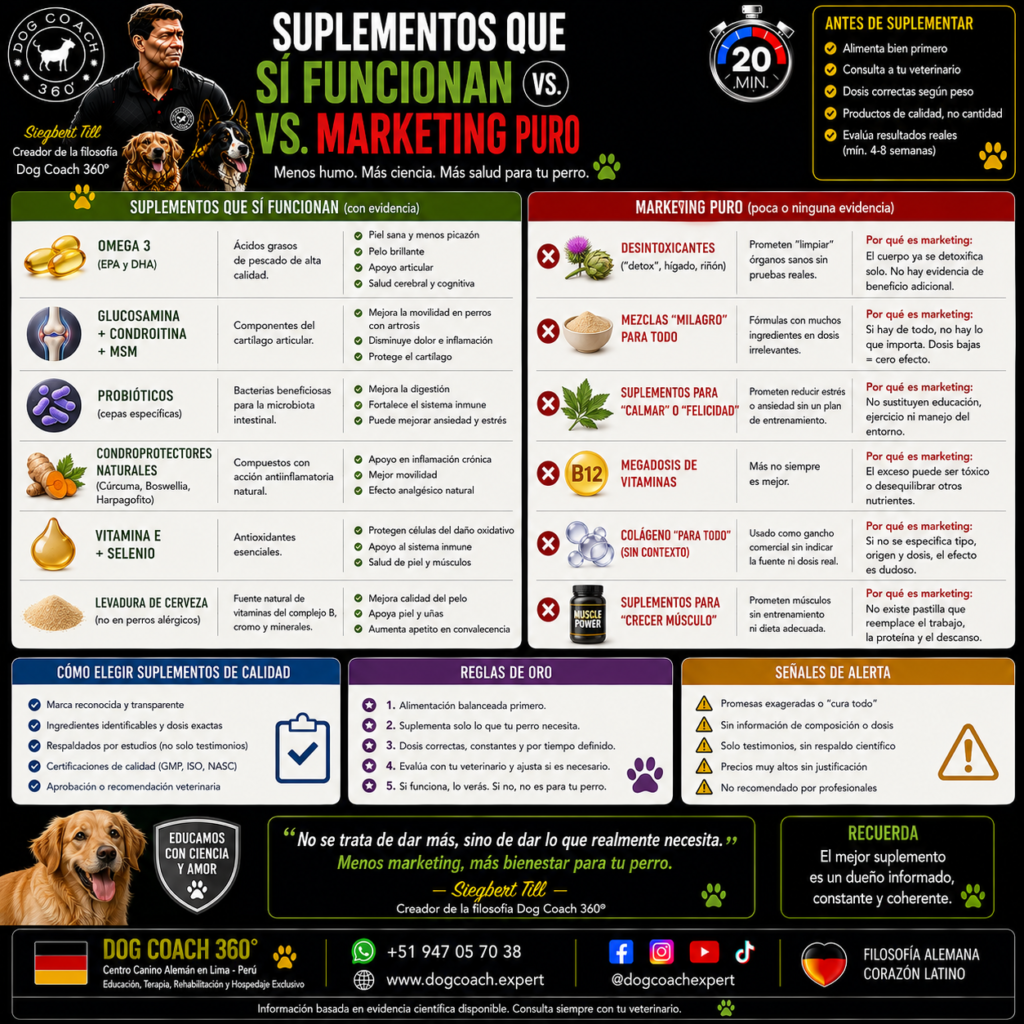 Los suplementos no se aprueban antes de venderse: se venden y, si acaso, se cuestionan después. Muy pocos tienen evidencia real en perros, casi ninguno la tiene a la dosis que trae el frasco, y el daño mayor no suele ser el producto — sino el diagnóstico que retrasa.