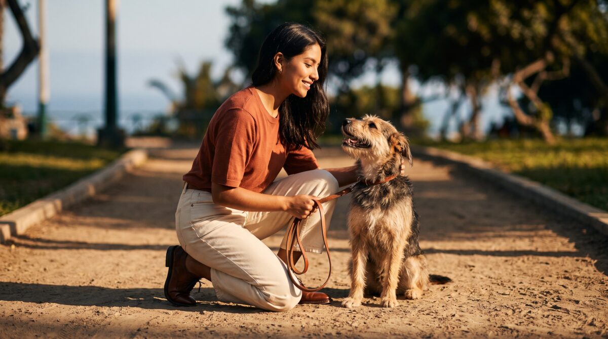 Una tutora sonriente con su perro en un parque soleado
