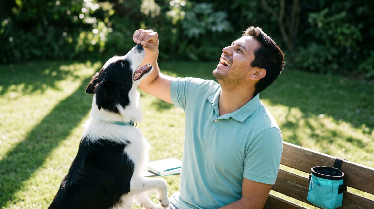 Un hombre feliz entrenando a su Border Collie en el jardín