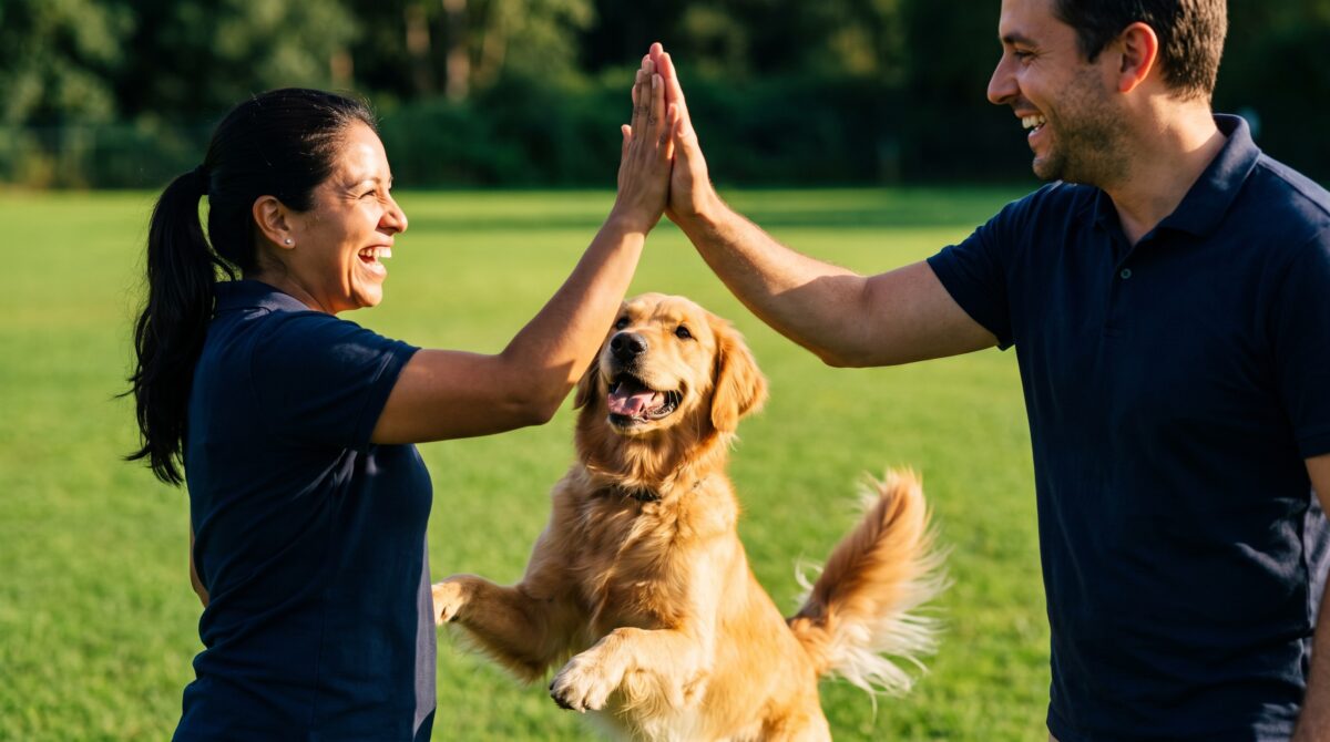 Una Dog Coach profesional celebra con su cliente y un Golden Retriever